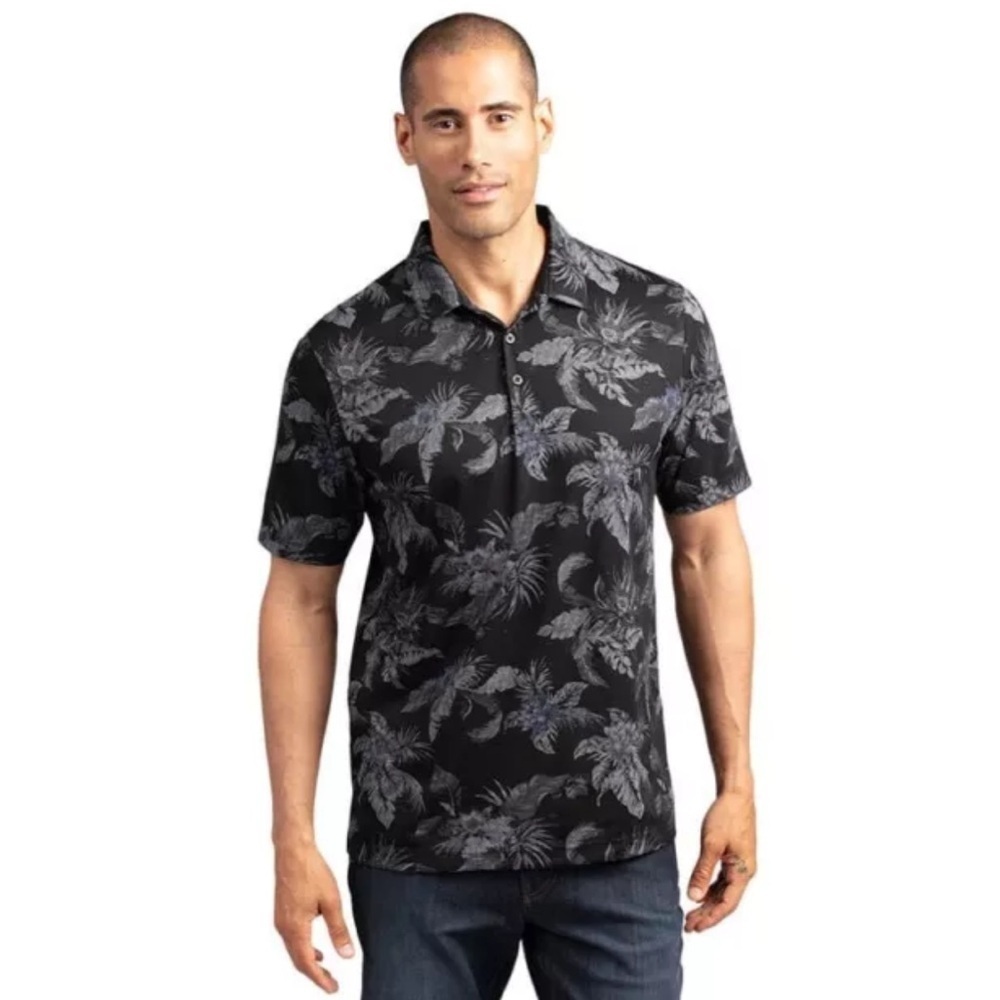 Travis Mathew Men's 12 O’Clock Somewhere Tropical Print Polo Shirt Black Size XL